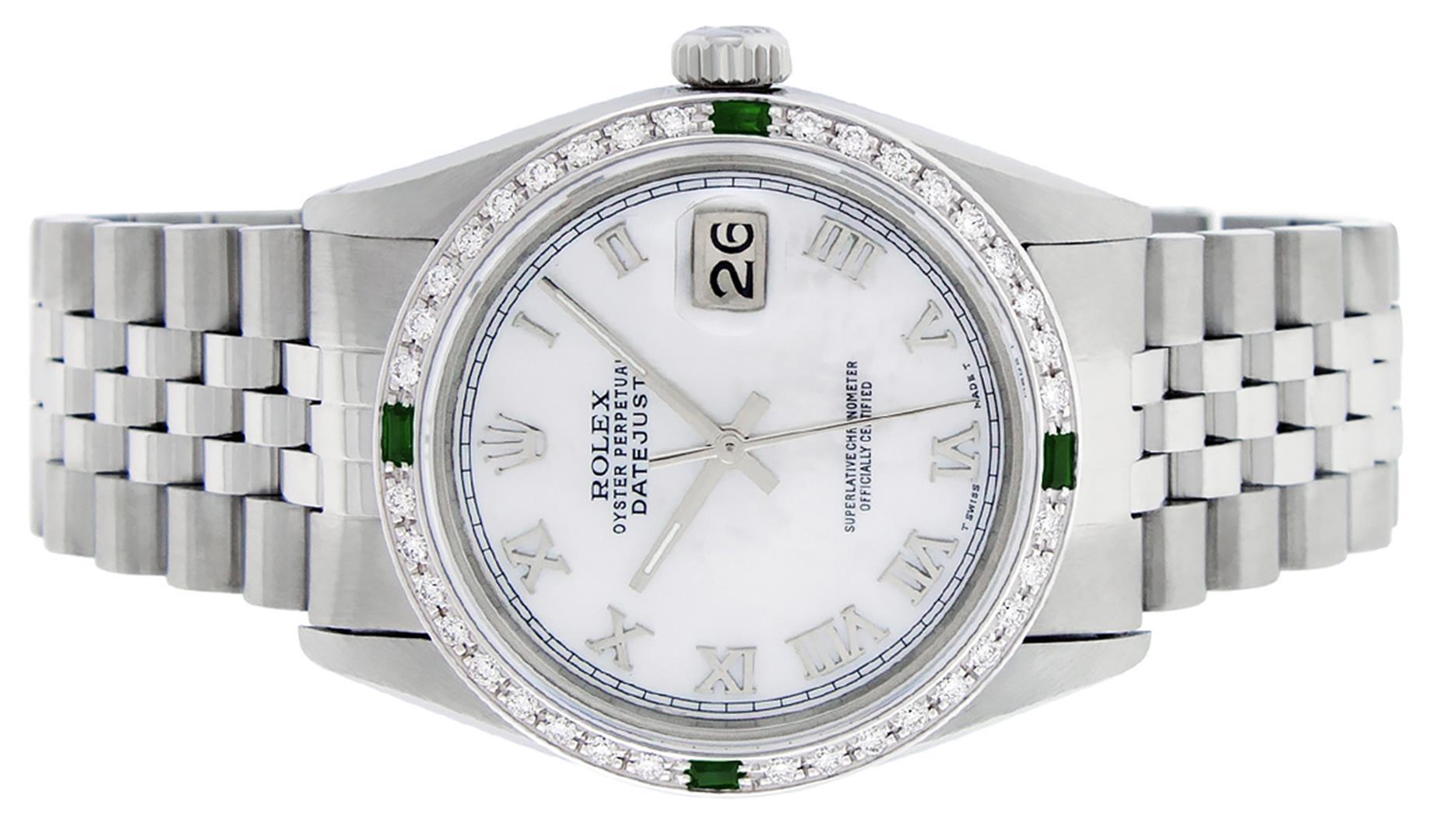 Rolex Mens Stainless Steel Silver MOP Roman 36MM Diamond & Emerald Datejust