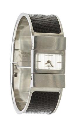 Hermes Stainless Steel Black Lizard Loquet Bracelet Watch