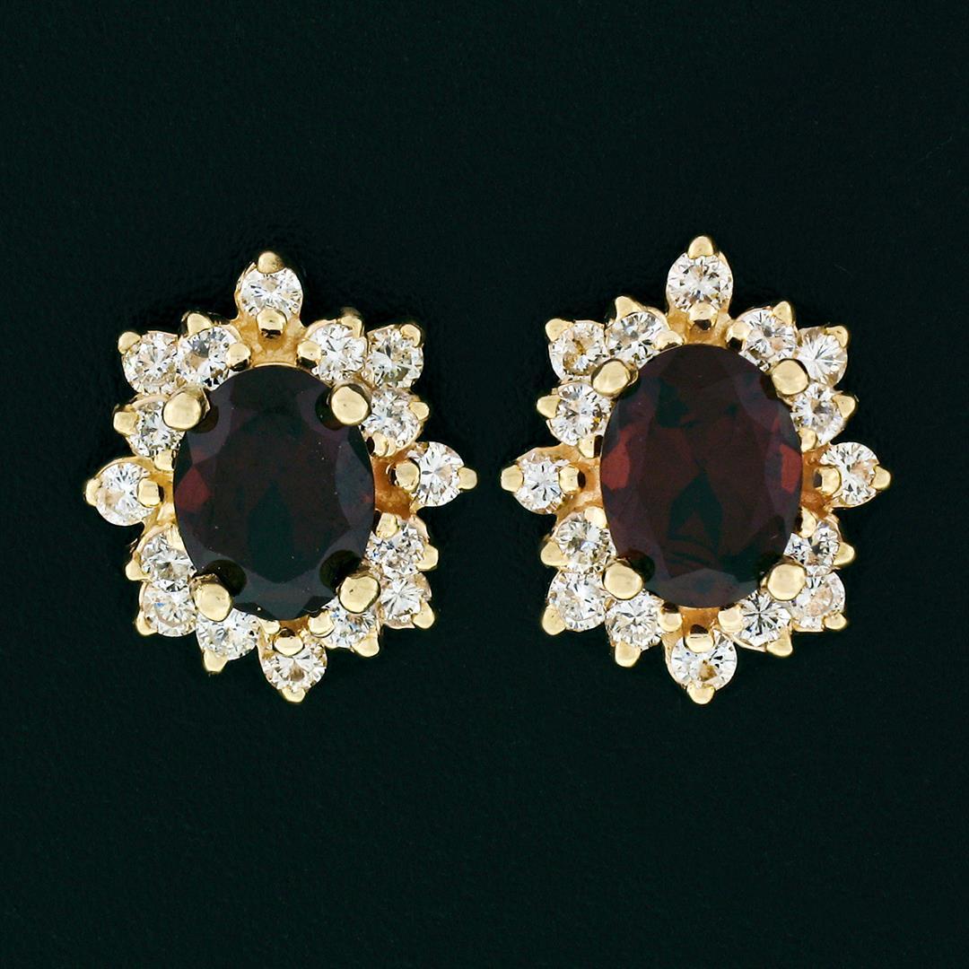 14k Yellow Gold 3.80 ctw Oval Garnet & Layered Round Diamond Halo Stud Earrings