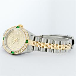 Rolex Ladies 2 Tone 18K Quickset Champagne Diamond & Emerald Datejust Wristwatch