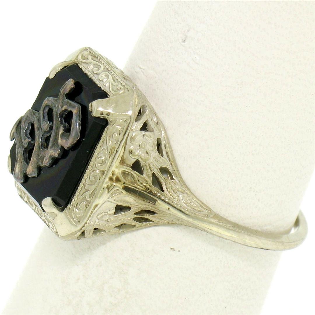 1925 14k White Gold Prong Set Black Onyx Filigree Dinner Ring