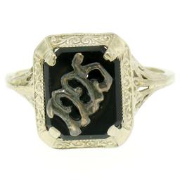 1925 14k White Gold Prong Set Black Onyx Filigree Dinner Ring