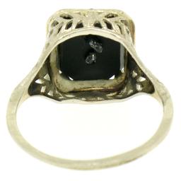 1925 14k White Gold Prong Set Black Onyx Filigree Dinner Ring