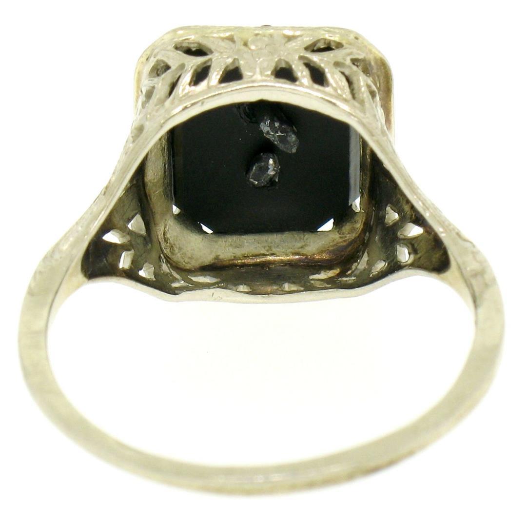 1925 14k White Gold Prong Set Black Onyx Filigree Dinner Ring