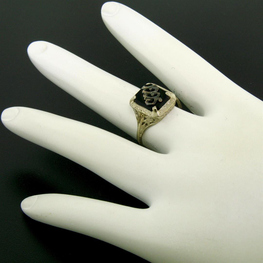 1925 14k White Gold Prong Set Black Onyx Filigree Dinner Ring