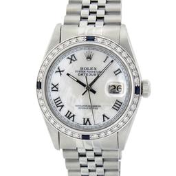 Rolex Mens Stainless Steel MOP Roman 36MM Diamond & Sapphire Datejust Wristwatch