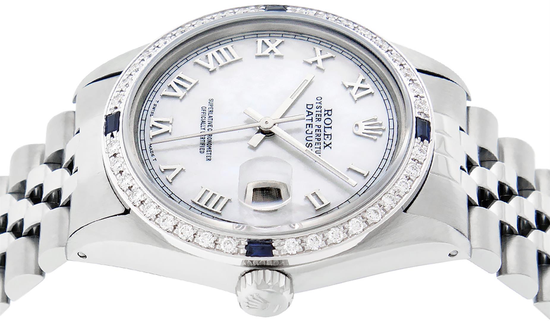 Rolex Mens Stainless Steel MOP Roman 36MM Diamond & Sapphire Datejust Wristwatch