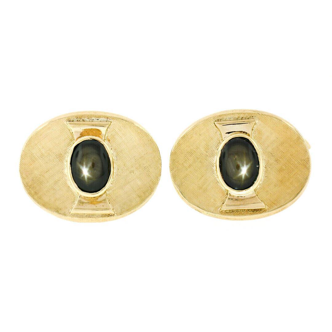 Vintage Men's 18kt Gold Oval Brown Star Sapphire Florentine Cuff Links