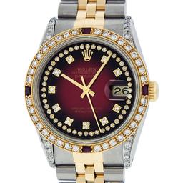 Rolex Mens 2 Tone Lugs Red Vignette Diamond String & Ruby Datejust Wristwatch