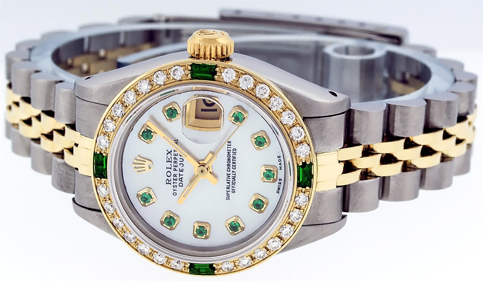 Rolex Ladies 2 Tone Mother Of Pearl & Emerald 26MM Datejust Wristwatch