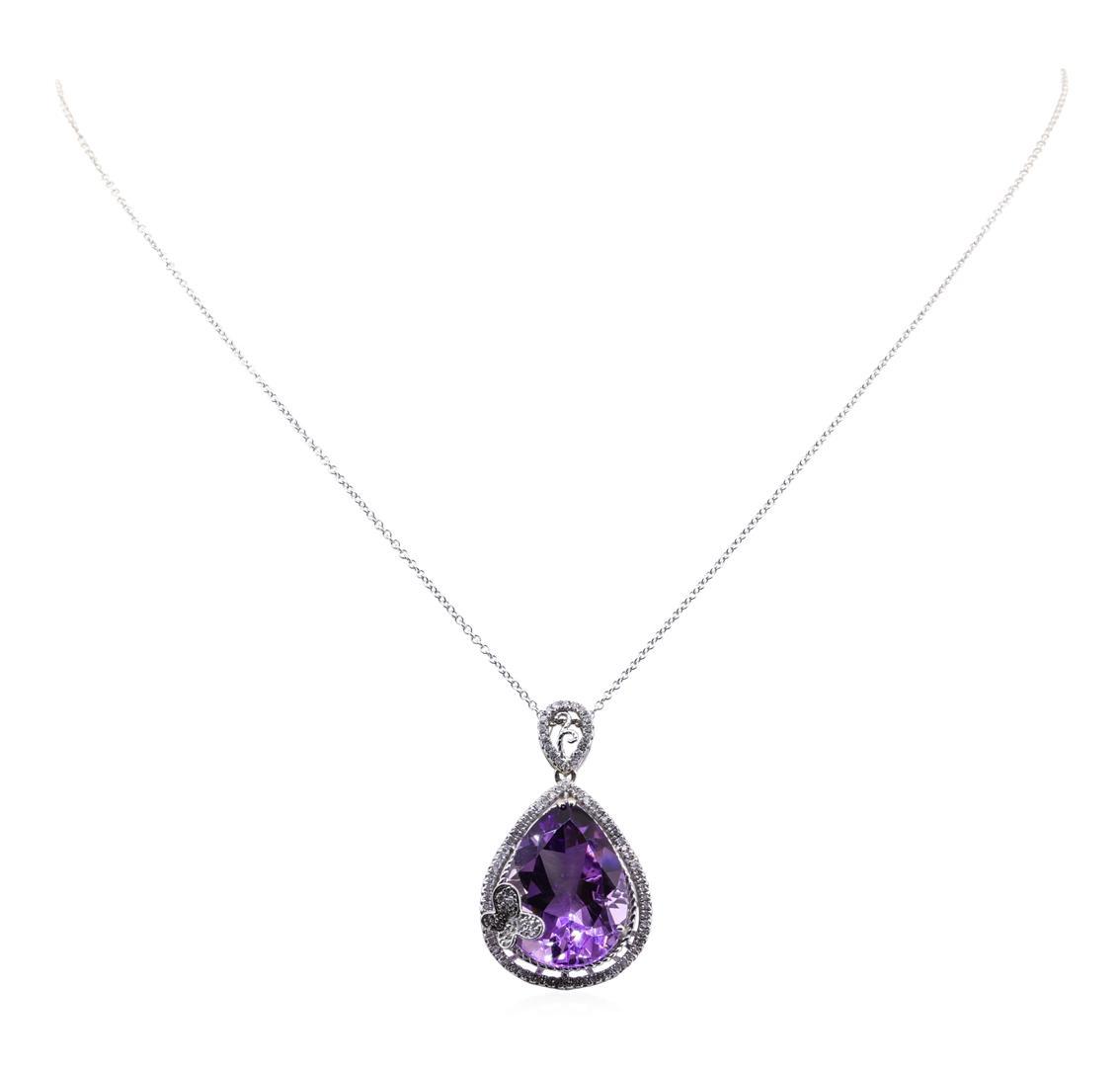 14.72 ctw Amethyst and Diamon Pendant With Chain - 14KT White Gold