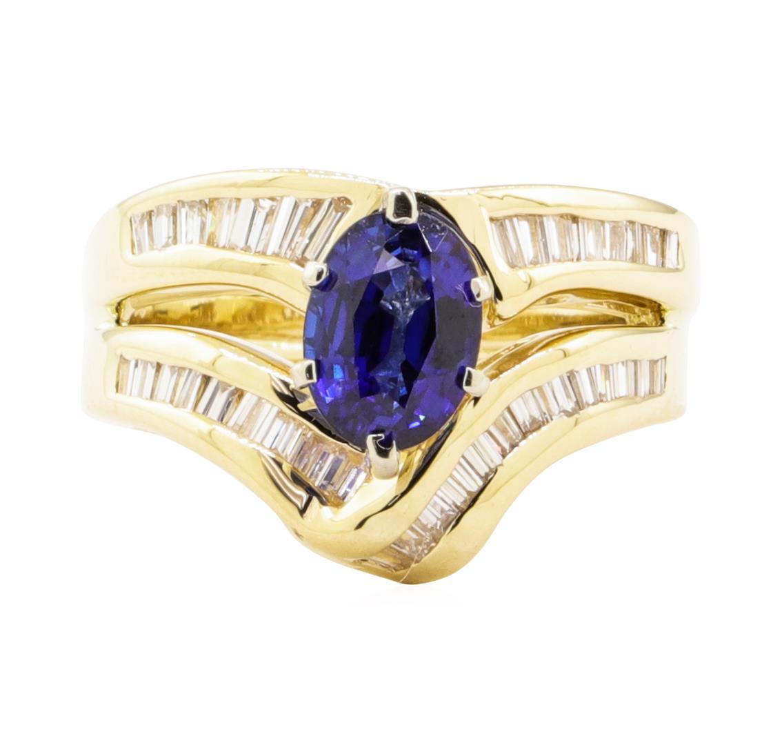 2.28 ctw Blue Sapphire And Diamond Ring And Attached Band - 14KT Yellow Gold