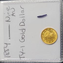 1854 $1 Gold Dollar Coin T-1 AU