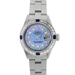 Rolex Ladies SS Blue MOP Diamond & Sapphire 18K Gold Bezel Watch 26MM