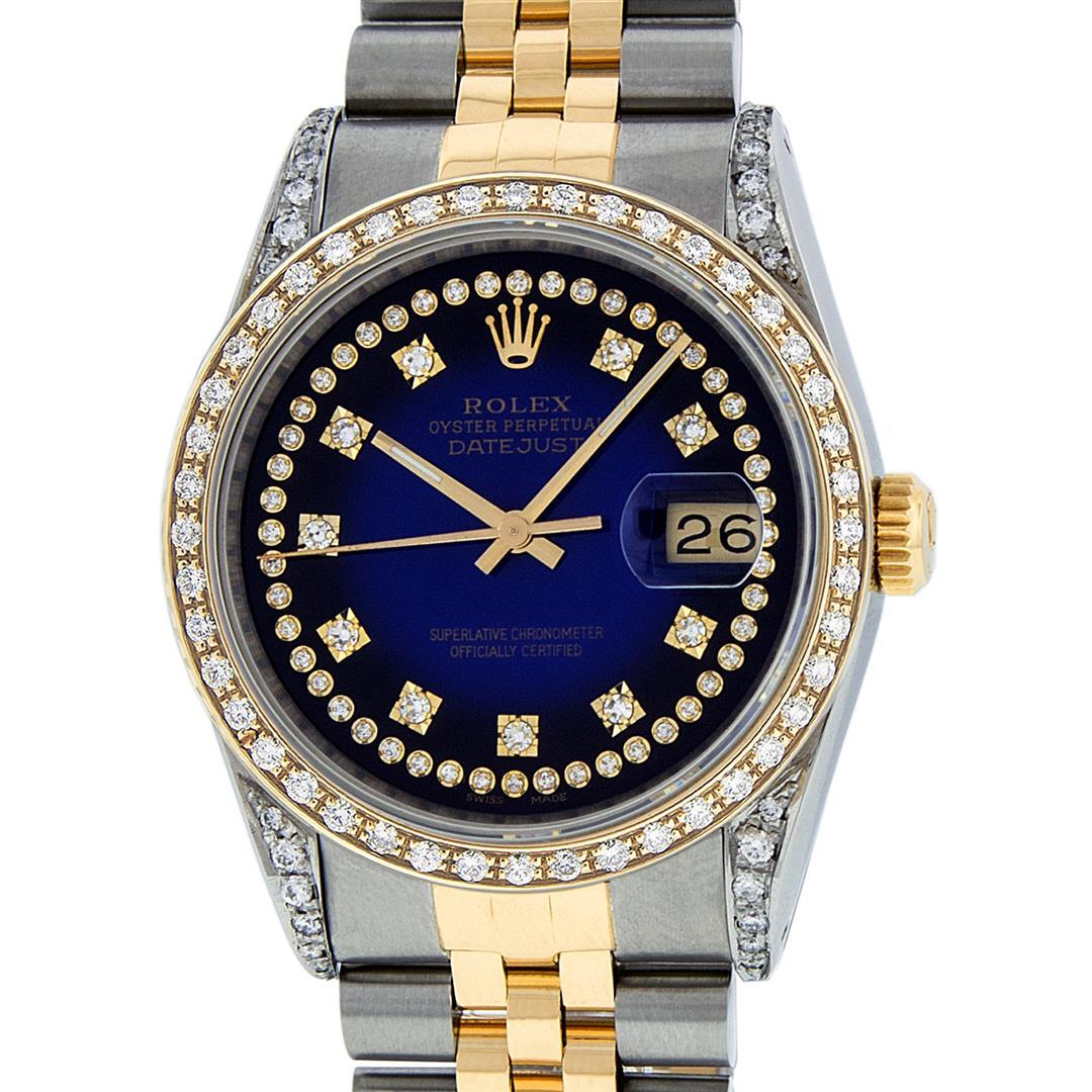 Rolex Mens 2 Tone Blue Vignette String Diamond Lugs Datejust Wristwatch