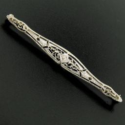 Art Deco 14k White Gold Open Filigree Bar Brooch w/ European Diamond