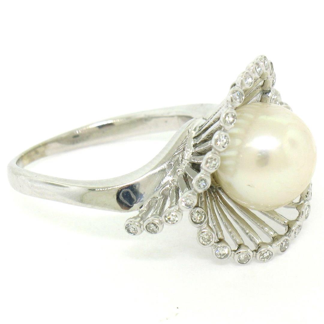 Vintage 14K White Gold 8.5mm Pearl Bezel Diamond 2 Wave Bypass Cocktail Ring