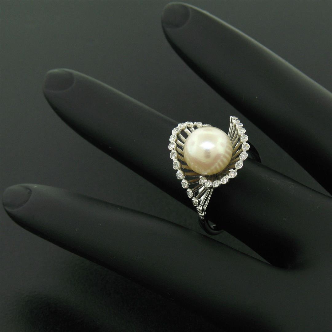 Vintage 14K White Gold 8.5mm Pearl Bezel Diamond 2 Wave Bypass Cocktail Ring