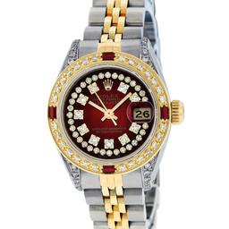 Rolex Ladies 2 Tone Red Vignette String Diamond Lugs & Ruby Datejust Wriswatch