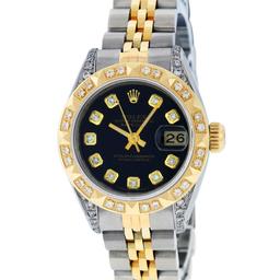 Rolex Ladies 2 Tone Black Lugs & Pyramid Diamond Datejust Wriswatch