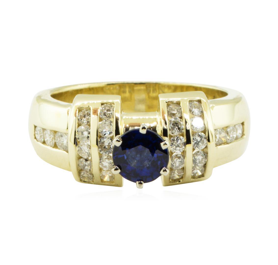 1.40 ctw Round Brilliant Blue Sapphire And Diamond Ring - 14KT Yellow Gold