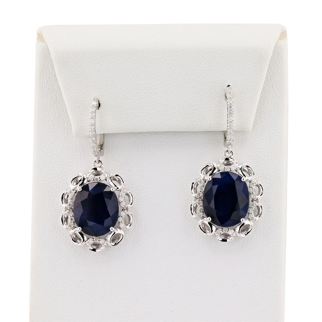 14.80 ctw Blue Sapphire and 0.46 ctw Diamond 14K White Gold Earrings