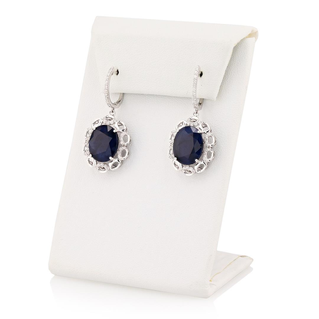 14.80 ctw Blue Sapphire and 0.46 ctw Diamond 14K White Gold Earrings