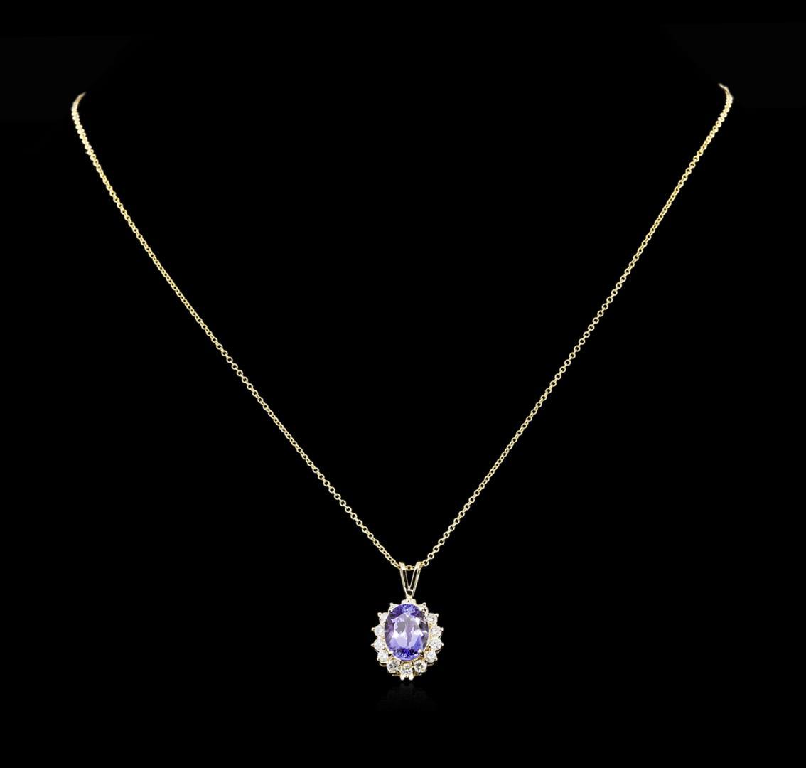 3.88 ctw Tanzanite and Diamond Pendant With Chain - 14KT Yellow Gold