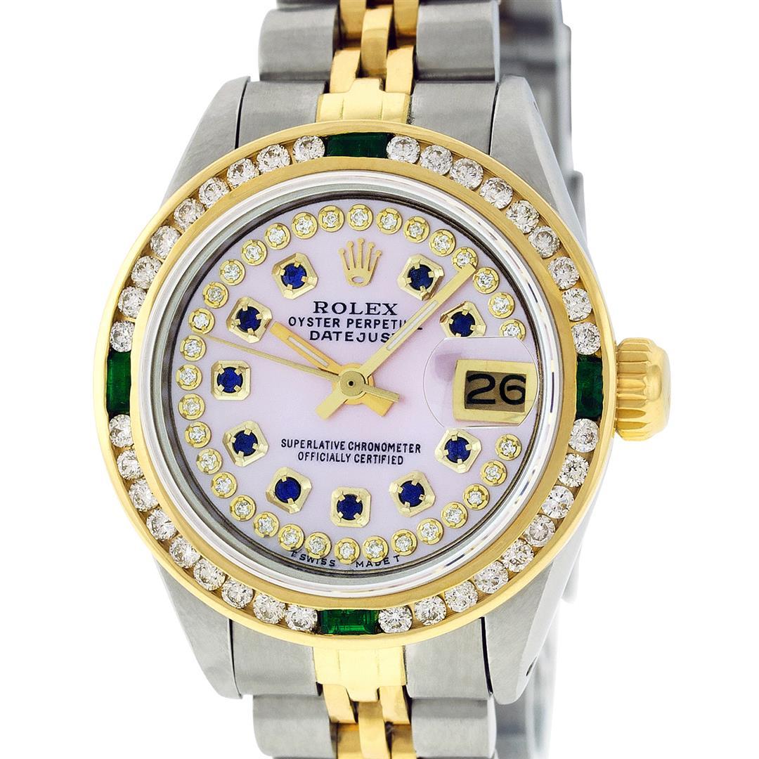 Rolex Ladies 2 Tone MOP Sapphire & Diamond, Emerald Datejust Wristwatch 26MM