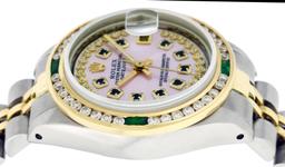 Rolex Ladies 2 Tone MOP Sapphire & Diamond, Emerald Datejust Wristwatch 26MM