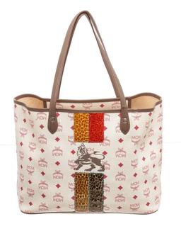 MCM Red White Lion Visetos Shopper Tote Bag