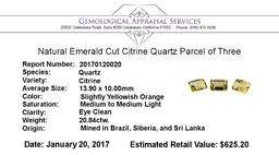 20.84 ctw.Natural Emerald Cut Citrine Quartz Parcel of Three