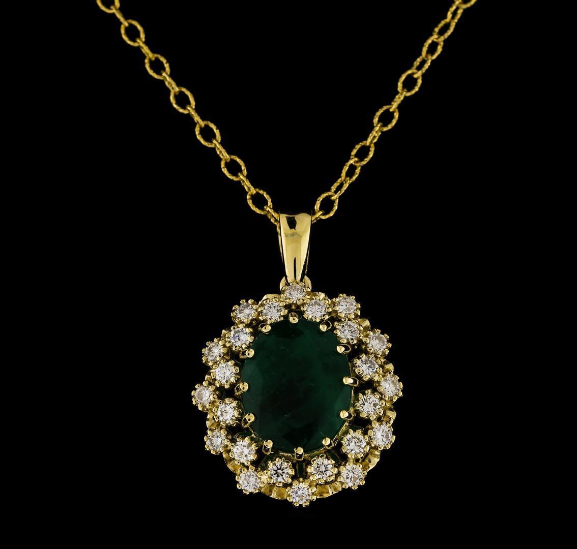 4.30 ctw Emerald and Diamond Pendant With Chain - 14KT Yellow Gold