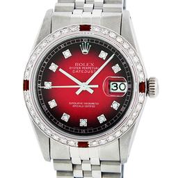 Rolex Mens Stainless Steel Red Vignette Diamond & Ruby Datejust Wristwatch