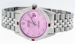 Rolex Mens Stainless Steel Pink Diamond & Ruby 36MM Datejust Wristwatch