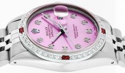 Rolex Mens Stainless Steel Pink Diamond & Ruby 36MM Datejust Wristwatch