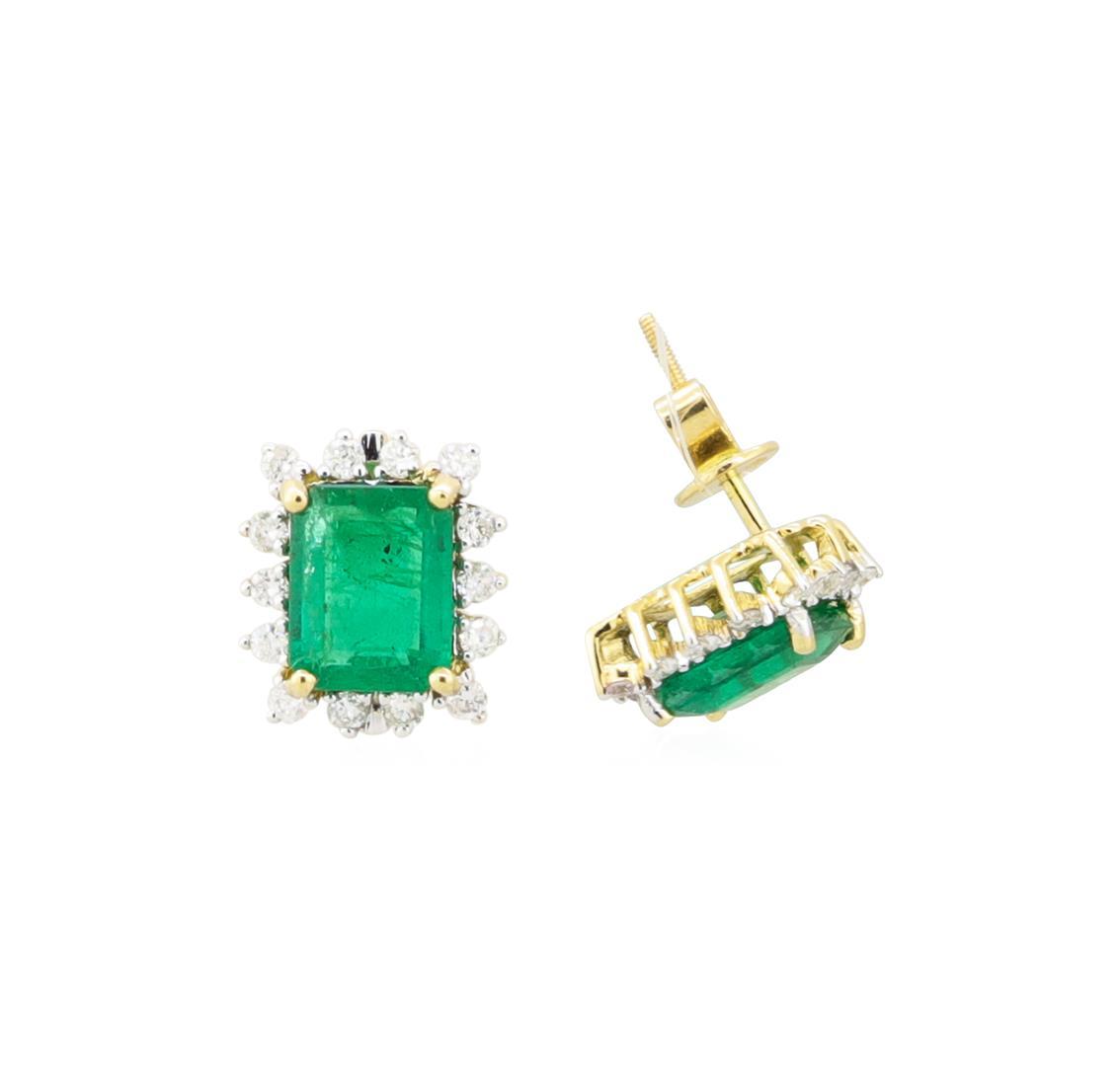 4.18 ctw Emerald and Diamond Earrings - 18KT Yellow Gold