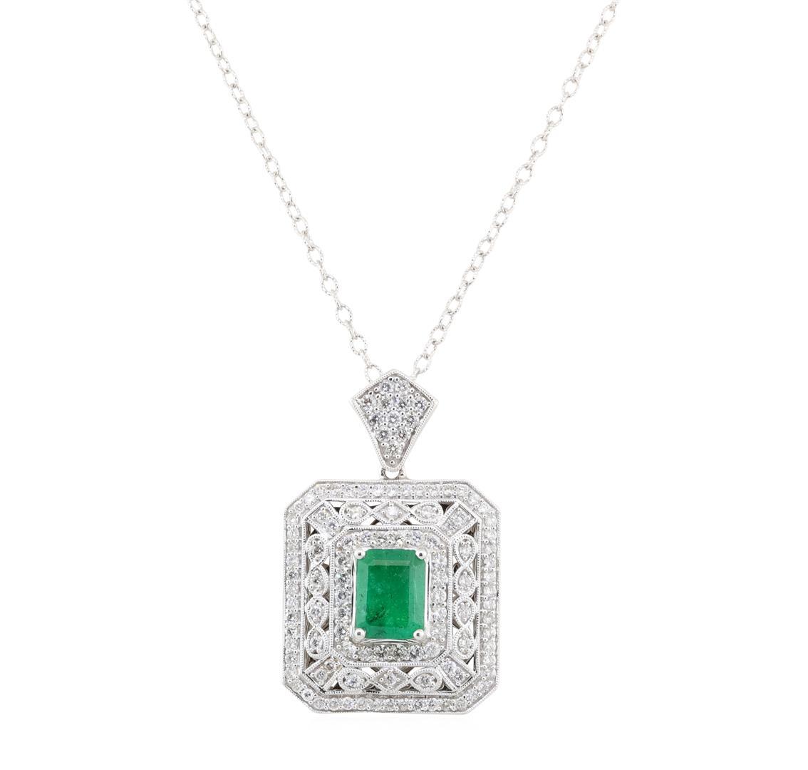 2.85 ctw Emerald and Diamond Pendant With Chain - 18KT White Gold