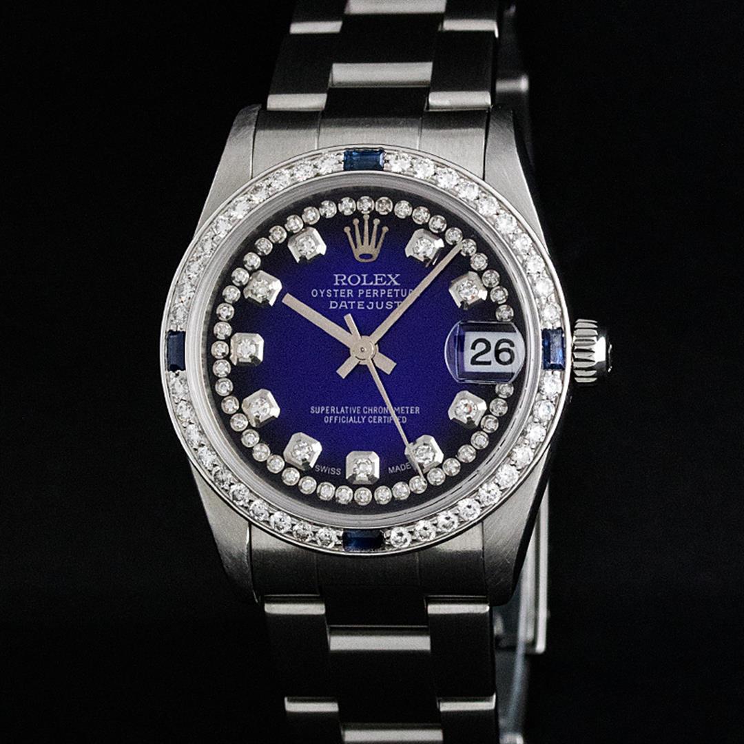 Rolex Womens Midsize 31mm Blue String Diamond & Sapphire Datejust Wristwatch