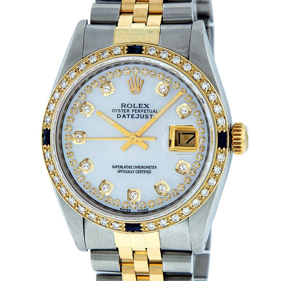 Rolex Mens 2 Tone MOP String Diamond & Sapphire 36MM Datejust Wristwatch