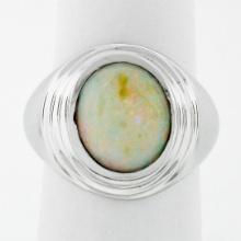 Unisex Vintage 14k White Gold Bezel Set Oval Opal Solitaire Tiered Dome Ring