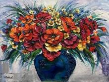 Flowers In A Blue Vase By Yana Rafael