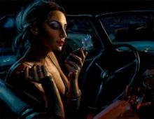 Darya in Car with Lipstick by Fabian Perez