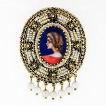 Vintage French 14k Gold Hand Painted Portrait Detailed Pearl Pin Brooch Pendant