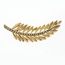 Vintage 14K Yellow Gold Seed Pearl Brushed Finish Long Feather Leaf Brooch Pin