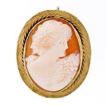 Vintage 14K Yellow Gold Carved Shell Cameo Hand Engraved Frame Brooch Pendant
