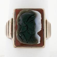 Men's Antique Victorian 10k Gold Carved Trojan Agate on Carnelian Cocktail Ring