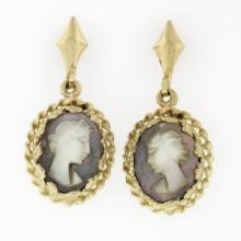 Vintage 14K Gold Carved Mother of Pearl Cameo Twisted Wire Frame Dangle Earrings