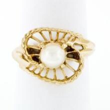 14K Yellow Gold 6.0mm Pearl Solitaire Wave Bypass Shell Open Work Cocktail Ring