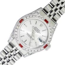 Rolex Ladies Quickset Silver Index Diamond Lugs & Ruby Datejust Wristwatch